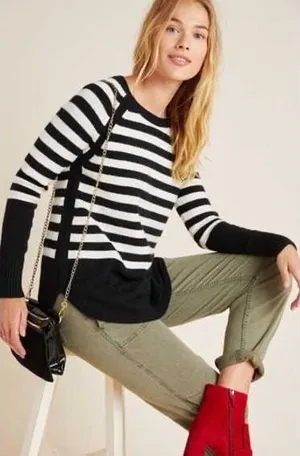 ANTHROPOLOGIE Rebekah Sweater Black White Stripe Tunic Pullover Knitwear Medium thumbnail 1