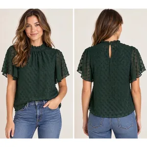 Anthropologie Feather Bone Green Swiss Dot Blouse Size 0 Sheer Flutter Sleeve thumbnail 2