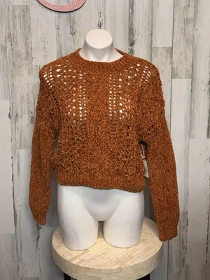 Rust Brown Crochet Knit Crop Sweater | Women’s Size Small | Boho Open Weave Long thumbnail 1