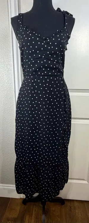 Abercrombie & Fitch Black Polka Dot Tie-Strap Ruffle Midi Dress thumbnail 1