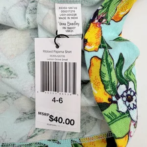 Vera Bradley Pajama Shirt Womens S Blue Yellow Lemon Grove Ribbed Cotton Tee NEW thumbnail 4
