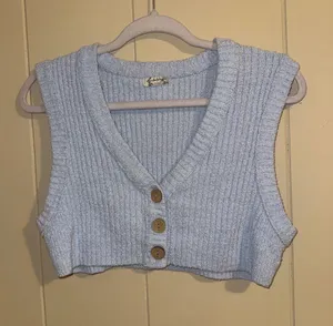 Free People Light Blue Ribbed Knit Button Cropped Vest thumbnail 1