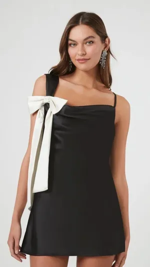 Forever 21 black satin dress with a white bow accent thumbnail 1