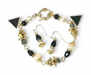 Handmade Black & Gold Tone Pearl Bead Geometric Triangle Charm Bracelet Earring Set Set thumbnail 1