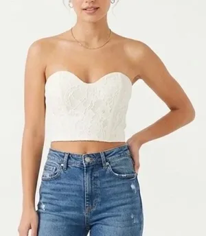 Off White Floral Lace Bustier Crop Top Sweetheart Neckline Size S thumbnail 1