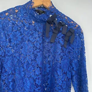 J. Crew Mockneck Floral Lace Bows in Baroque Blue Top Size 4 Elegant Feminine‎ thumbnail 2