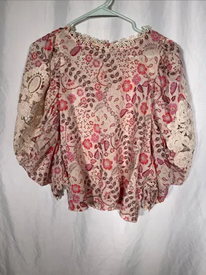 Karlie Womens Paris Floral Crochet Trim Top Blouse Pink Large thumbnail 2