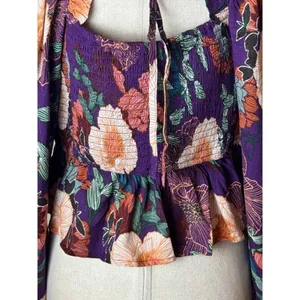 Band Of The Free Shirt Women Medium Purple Floral Puff‎ Sleeve Cropped Top NWT thumbnail 11