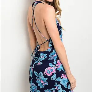 Floral Navy Halter Dress Open Back Criss Cross Mini Lined Party Dress thumbnail 4