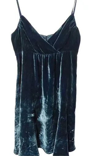 Betsey Johnson Size 6 Green Silk Rayon Blend V Neck Crushed Velvet‎ Mini Dress thumbnail 1