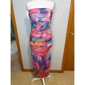 Anthropologie The Soleil Slim Strapless Ruched Mesh Midi‎ Dress Pink Abstract thumbnail 3