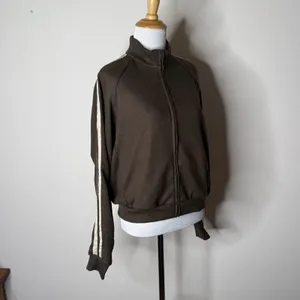 Halara Brown Ribbed Stand Collar Zip Track Jacket with Taupe Stripes NWOT M thumbnail 4