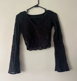 Black Embellished Bell Sleeve Crop Top thumbnail 1