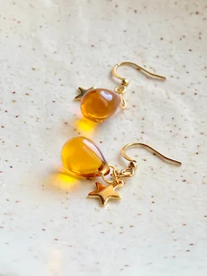 Handmade amber Czech glass teardrop & gold stainless star cute dangle earrings 🤎🌟 thumbnail 5