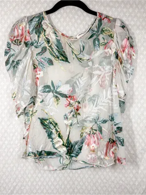 Amanda Uprichard Green Pink White Sheer Floral Puff Sleeve Top thumbnail 1