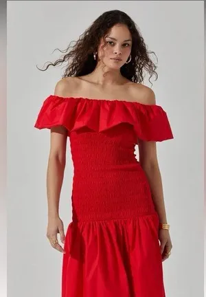 ASTR The Label Off the Shoulder Cotton Red Ruffle Midi Dress Size Small thumbnail 2