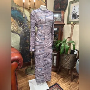 VTG Y2K Mesh Maxi Dress Psychedelic Swirl Print Long Sleeve Bodycon Grunge L thumbnail 6