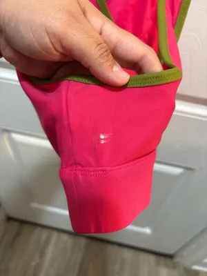 Fabletics High Neck Criss-Cross Sports Bra Pink with Green Trim thumbnail 4