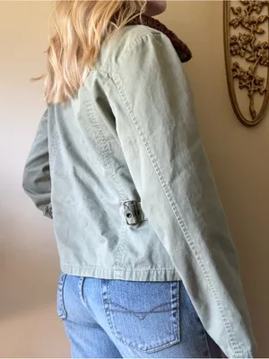 Olive Green Cotton Jacket with Brown Faux Fur Collar Size L thumbnail 8