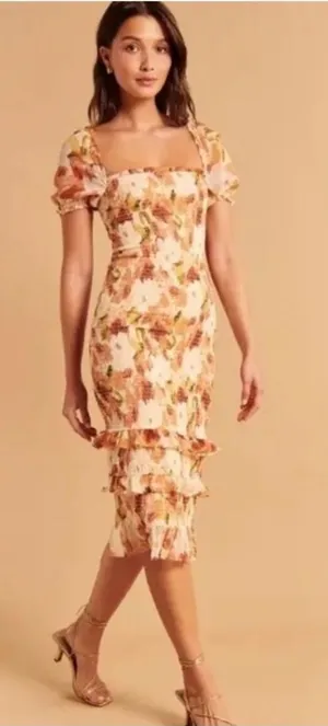 Abercrombie & Fitch Smocked Short Sleeve Floral Ruffle Midi Dress Orange Small thumbnail 1