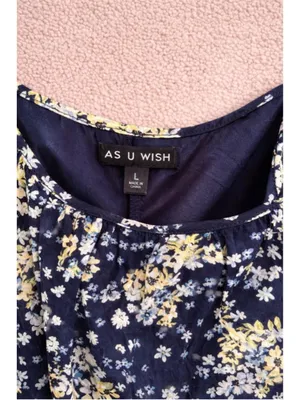 As U Wish Floral Mini Dress Size Large Navy‎ Blue Ruffle Hem Boho Sundress thumbnail 5