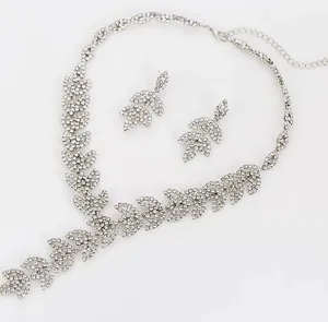 Leaf Prom necklace Crystal Diamond Cz silver flower wedding statement bridal chain link cuff cluster thumbnail 2