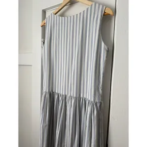 Vintage Blue White Striped Sleeveless Midi Dress Button Shoulder Drop Waist thumbnail 9
