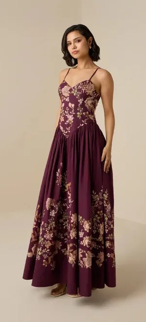 Hemant And Nandita Savi Maxi Dress Burgundy Floral Womens Size Small thumbnail 1