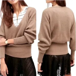 Free People Allure‎ Pull Over Deep V-Neck Ribbed Sweater Taupe Brown Size Small thumbnail 15