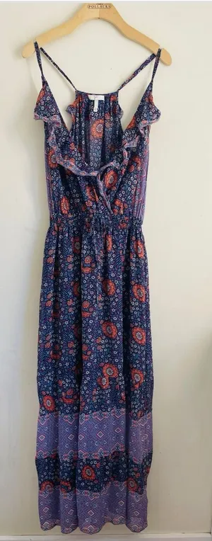 Joie Silk Floral Maxi Dress size S Boho Ruffle Strappy Blue Purple thumbnail 1