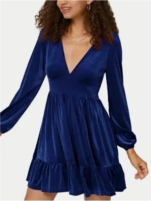 Halara Royal Blue Velvet Deep V Neck Long Sleeve Ruffle Hem Dress Size Small NEW thumbnail 4