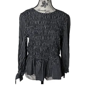 Tommy Hilfiger Womens Navy White Plaid Smocked Peplum Blouse Size L Tie Cuff Top thumbnail 2