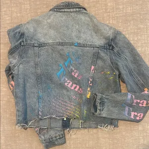 Blue and Pink Cropped Jean Jacket with Decorative Sleeves thumbnail 7