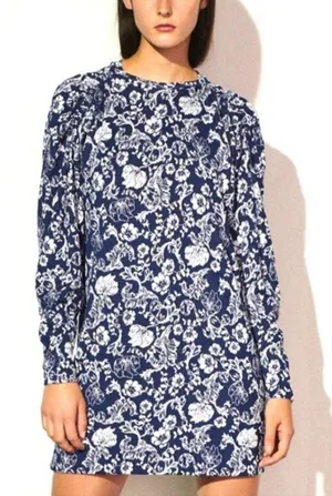 ZARA Floral Print Long‎ Sleeve Mini Dress Navy Blue White Puff Sleeve Large thumbnail 1