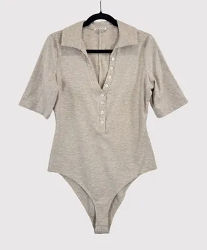Reformation Womens Bodysuit Beige Rita Ribbed High Leg Button Down Henley XL thumbnail 1