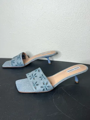 Steve Madden Embroidered Eyelet Floral Denim Josefina Slip On Kitten Heel thumbnail 3
