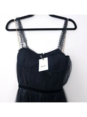 NWT Sau Lee Camille Tulle Ruffle Gown 4 Black Sheer Tiered Bustier Aline thumbnail 6