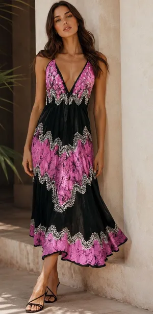 Resort Style Triangle Top Backless V-Neck Batik Midi Halter Dress Size Small thumbnail 1