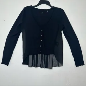 Knitted And Knotted By Anthropologie Elegant Black V-Neck Ruffle Cardigan Size S thumbnail 2