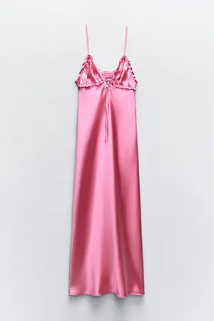 Zara long dress maxi hot pink satin lingerie evening party wedding holiday thumbnail 9