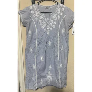 Jayshree Dalal Blue White Seersucker Floral Embroidered Tunic Dress Medium thumbnail 4
