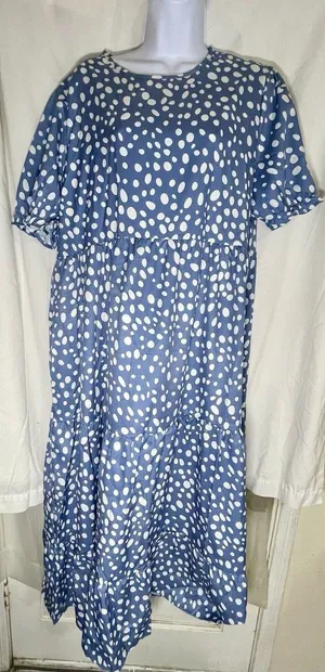 Blue White Polka Dot Tiered Midi Dress Puff Sleeve Boho No Size Tag Fits XL/2XL) thumbnail 1