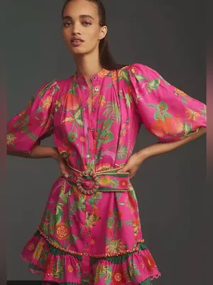 FARM Rio Hot Pink Tropical Floral Button-Front Mini Dress with Belt thumbnail 1