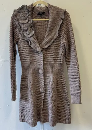 Sioni Taupe Ruffle Long Cardigan Sweater Mauve Knit Medium 90s Knee Length‎ thumbnail 1