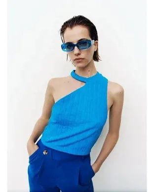 NWT Zara Cut Out Cable Knit Sleeveless Stretch Cropped Top Round Neck L Blue thumbnail 1