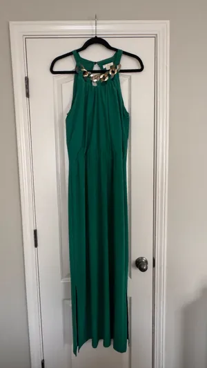 Prelude Emerald Green Maxi Dress with Gold Chain Neckline thumbnail 2