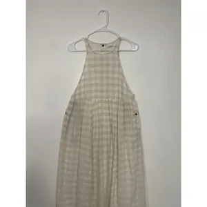 KIMCHI BLUE Size S Gingham White Beige Plaid Linen Cotton Pinafore Dress Snaps thumbnail 7