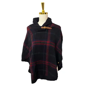Lauren Ralph Lauren Petite Plaid Wool Blend Poncho Toggle Neck Navy Red XS/S thumbnail 2