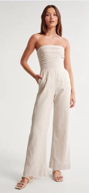 Abercrombie & Fitch Strapless Linen Wide-Leg Jumpsuit in Light Neutral thumbnail 1