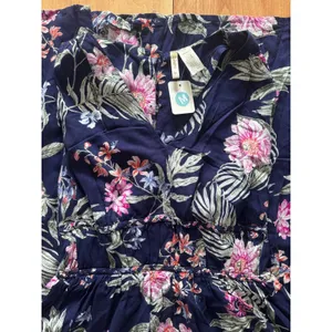 Japona Floral Maxi Dress Navy‎ Blue Pink White Tropical V Neck Midi Size M thumbnail 2